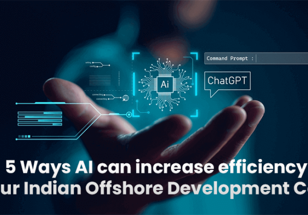 Person-holding-hand-up-showing-5-ways-AI-improves-offshore-development Image shows a hand held up with text overlaid listing 5 ways AI increases efficiency of Indian offshore development centers.